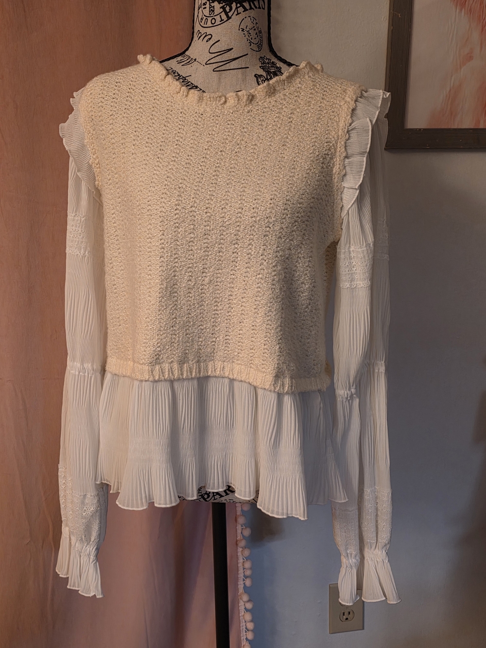 Anthropologie Twofer Cream Ruffled Knit Overlay Top